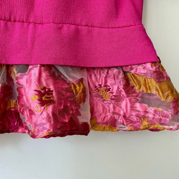 NEW Entro Hot Pink Puff Sleeve Peplum Bottom Shirt Top Sz L Sheer Floral Sleeves - Picture 4 of 5